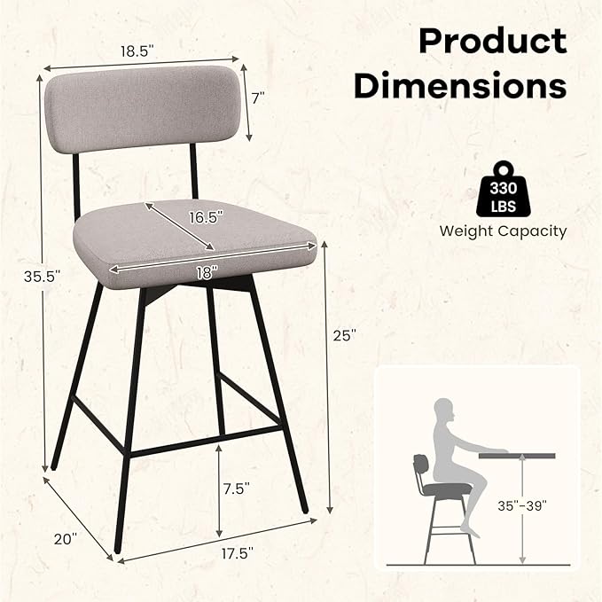 COSTWAY Bar Stools Set of 4, 25” Upholstered Counter Height Bar Stools with Back, 360° Swivel Dining Chairs with Heavy-Duty Metal Legs and Footrests, for Kitchen Island, Dining Room, Bar (4, Beige)