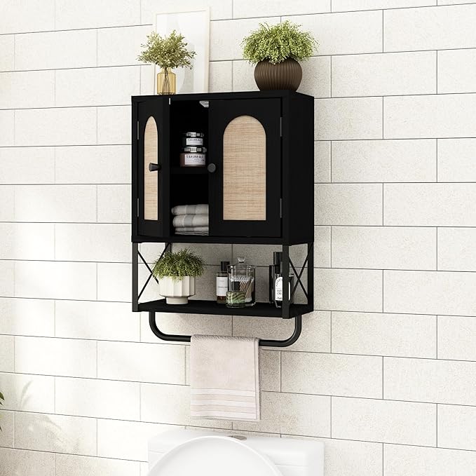 RUSTOWN Rattan Bathroom Wall Cabinet, Boho Over The Toilet Storage Cabinet with Arched Rattan Doors, Modern Medicine Cabinet with Adjustable Shelves & Towel Bar (Black, Small)