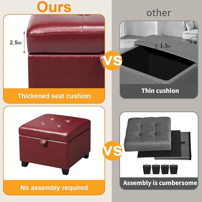 Adeco Faux Leather Storage Ottoman with Hinged Lid, 14 Inch High Red Square Cube Foot Stool with Storage, Upholstered Vanity Stool with Solid Wood Legs for Living Room, Bedroom, Dorm