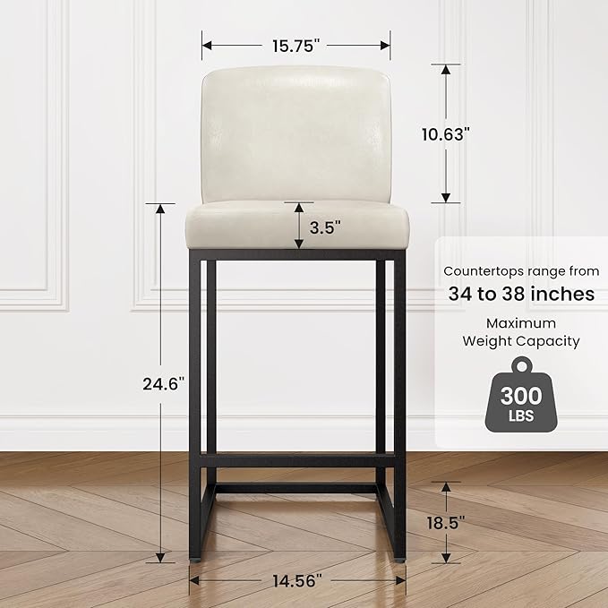 PHI VILLA Light Grey Bar Stools Set of 4, Counter Height Bar Stool Faux Leather Kitchen Bar Chairs, 24 inch Barstools with Back
