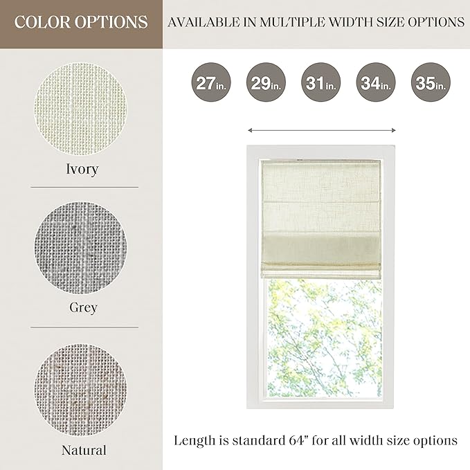 Madison Park Kyler Cordless Roman Shades - Single Panel, Lightweight Linen Blend Fabric, Natural Design, Easy Installation, Light Filtering Window Blind, Bedroom, Living Room Decor 27"W x 64"L Ivory