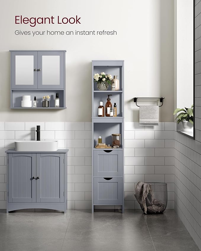 VASAGLE Bathroom Floor Cabinet, Bathroom Storage Organizer Rack Stand, Multifunctional Corner Unit, 2 Drawers, 55.7 Inches in Height, Dove Grey UBBC066G02