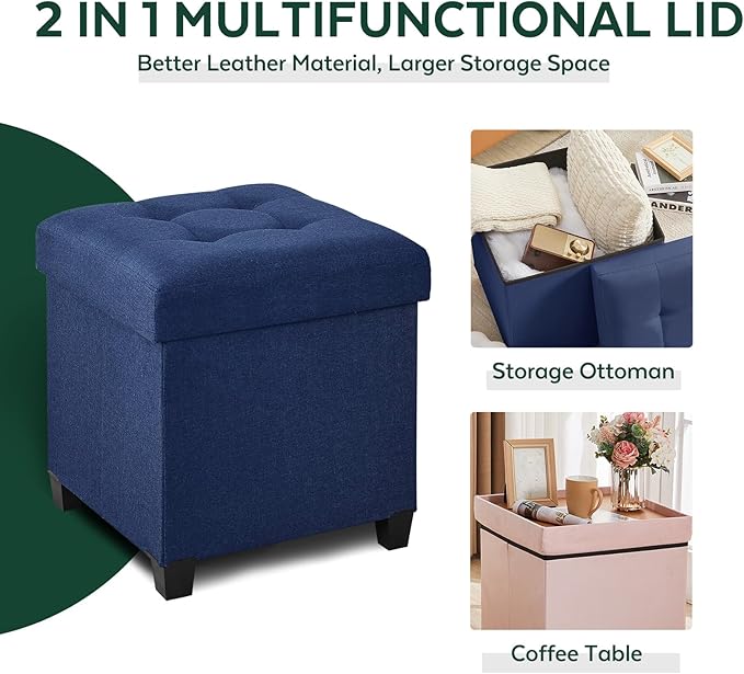 17.7" Ottoman with Storage, Square Storage Ottoman for Dorm, Linen Ottomans with Legs for Living Room, Bedroom, Blue