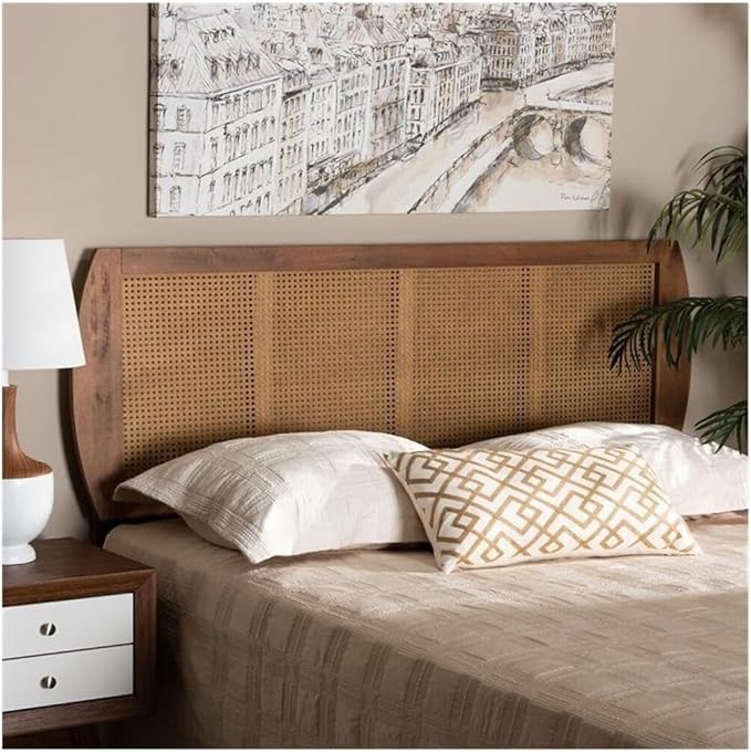 Mid-Century Modern Ash Walnut Finished Wood and Synthetic Rattan Victorian Vintage Size Headboard