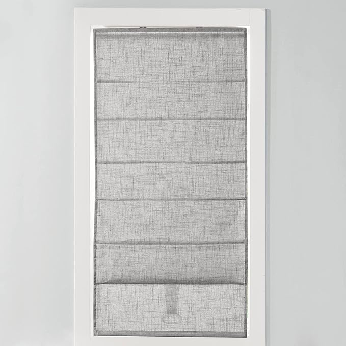 Madison Park Kyler Cordless Roman Shades - Single Panel, Lightweight Linen Blend Fabric, Natural Design, Easy Installation, Light Filtering Window Blind, Bedroom, Living Room Decor 34" W x 64" H Grey