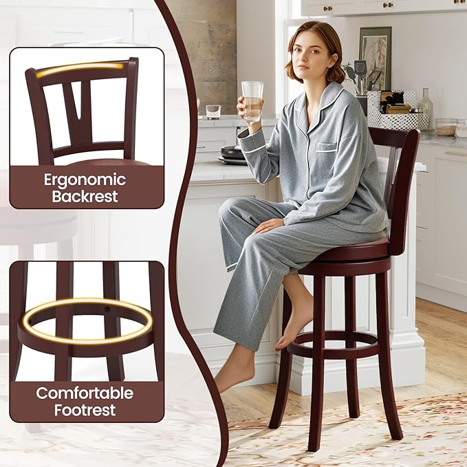 COSTWAY Barstools Set of 2, 30” Faux Leather Upholstered Bar Stools with High Backs and Footrests, Armless Kitchen Island Dining Chairs with Solid Wood Legs, Cappuccino (2, 30'' Seat Height)