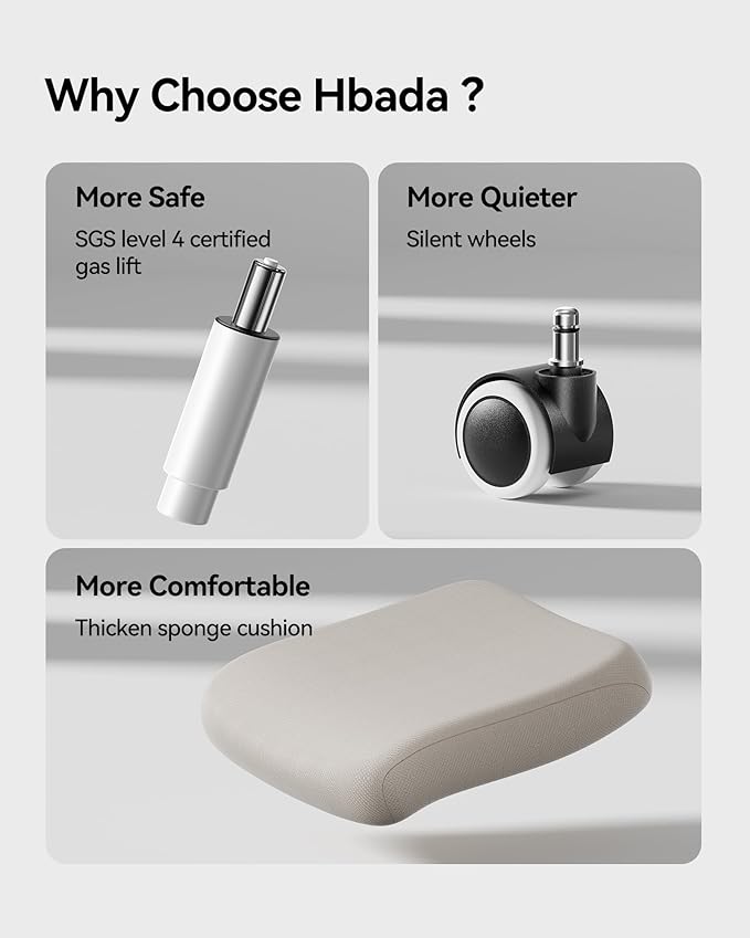 Hbada P1 Ergonomic Office Chair with 2D Lumbar Support & Adjustable Headrest - Heavy Duty 300lbs Capacity, 102° Reclining, Foldable Arms, Thick Cushion - Perfect for Home Office Chair, White