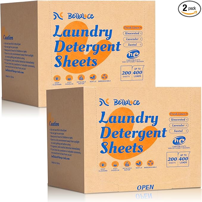 BellaLuce 2 Pack Laundry Detergent Sheets - Laundry Sheets, 800 Loads, Eco-Friendly, Plastic-Free, Fresh Linen Scent, Space Saving, Fast Dissolve & Hypoallergenic