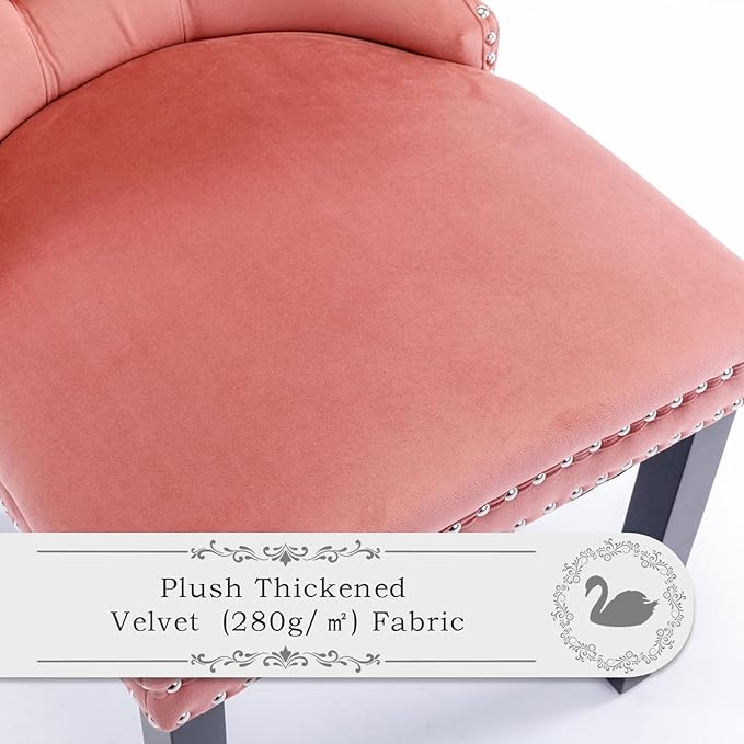 Velvet Upholstered Dining Chairs Set of 6, Modern Style Kitchen Side Chairs with Nailhead Trim and Wood Legs,Metal Pulling Ring for Dining Room Living Room(Pink)