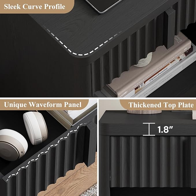 Fluted Nightstand with Charging Station, 23.6" End Table with Solid Wood Handle, Curved Profile Design, Mid Century Moden Bedside Table for Bedroom, Black