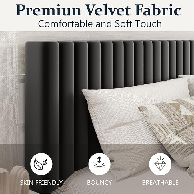 Queen Size Platform Bed Frame with Velvet Upholstered Headboard, Queen Bed Frame with Strong Wood Slats, Box Spring Optional, Mattress Foundation, Easy Assembly Black