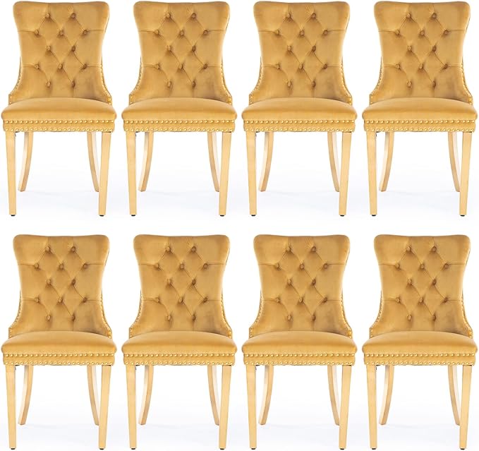 Velvet Upholstered Dining Chairs Set of 8, Modern Style Kitchen Side Chairs with Nailhead Trim and Gold Plated Leg, Metal Pulling Ring for Dining Room Living Room(Gold-Gold Plated Leg)