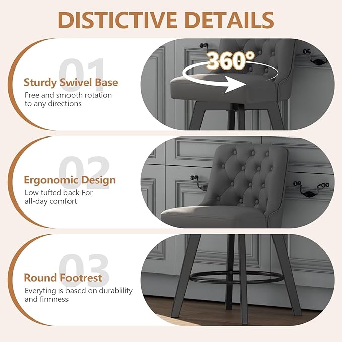 MINCETA Bar Stool, PU Leather Barstool, 30 Inch Upholstered Counter Stool with Low Tufted Back and Footrest, Swivel Counter Height Barstool for Kitchen Island Home Bar Dark Gray