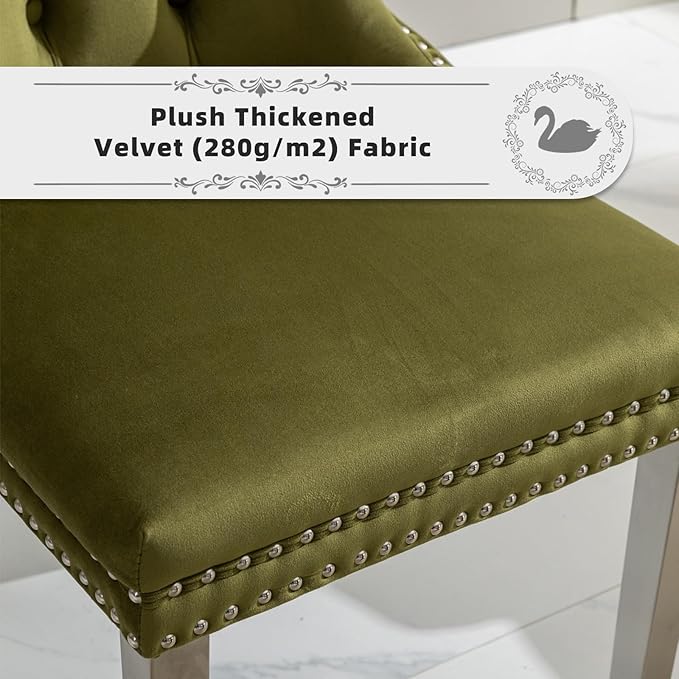 Velvet Upholstered Dining Chairs Set of 4, Modern Kitchen Side Chairs with Nailhead Trim and Silver Plated Leg, Metal Pulling Ring for Dining Room Living Room(Olive Green-Silver Plated Leg)