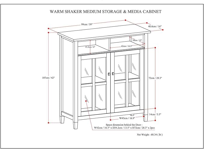 SIMPLIHOME Warm Shaker SOLID WOOD 39 inch Wide Transitional Medium Storage Media Cabinet in Tobacco Brown for the Living Room, Entryway and Family Room