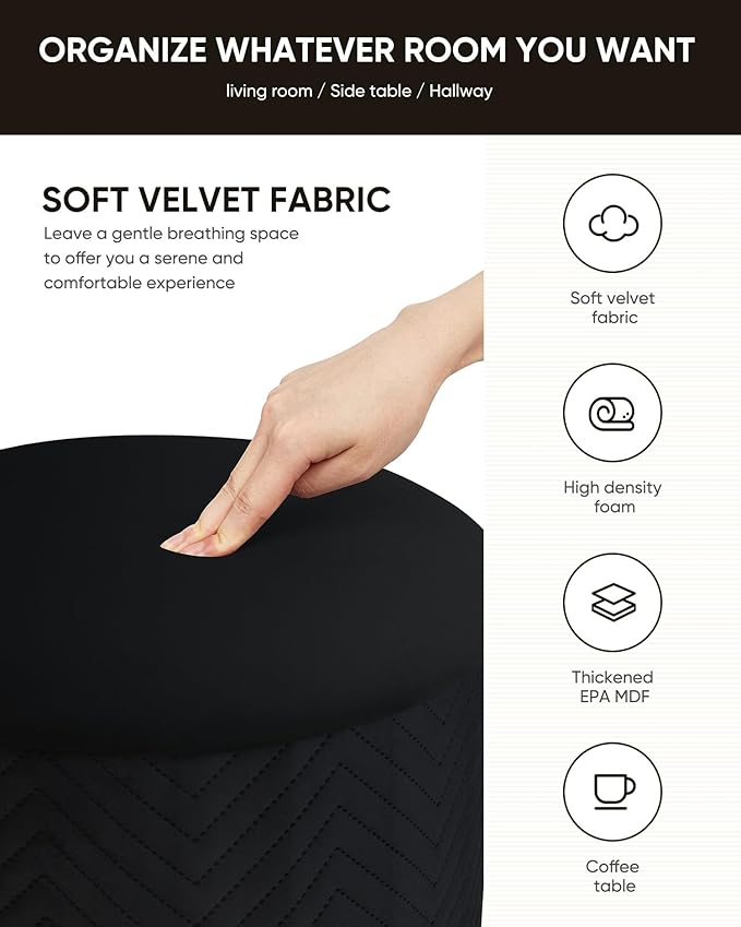 B FSOBEIIALEO Ottoman with Stroage, Round Velvet Storage Ottoman with Gold Plating Base,Foot Rest Stool for Dorm Room, Living Room Black, 16.73"x16.73"x17.72"