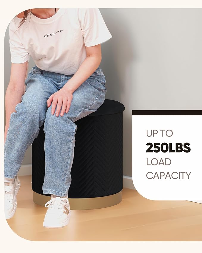 B FSOBEIIALEO Ottoman with Stroage, Round Velvet Storage Ottoman with Gold Plating Base,Foot Rest Stool for Dorm Room, Living Room Black, 16.73"x16.73"x17.72"