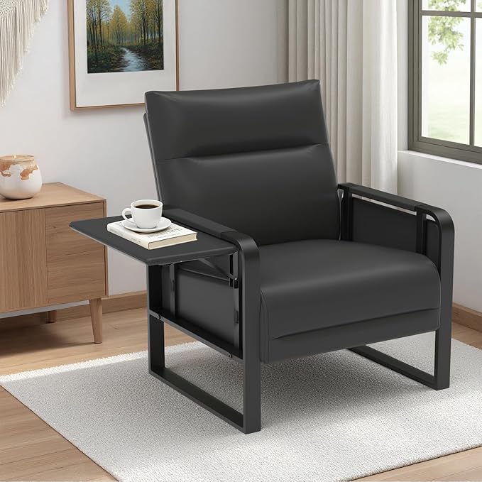 Upholstered Accent Sofa, Modern Faux Leather Sofa Chair with Foldable Side Tray Table & Storage Pocket, Small Accent Sofa for Living Room, Bedroom, Reception Room, Black