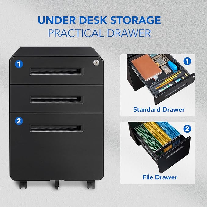 FLEXISPOT Metal File Cabinet for Home Office Mobile File Cabinet with Lock 3 Drawer Filing Cabinets for Legal/Letter/A4 File, Round Corner Design,Black
