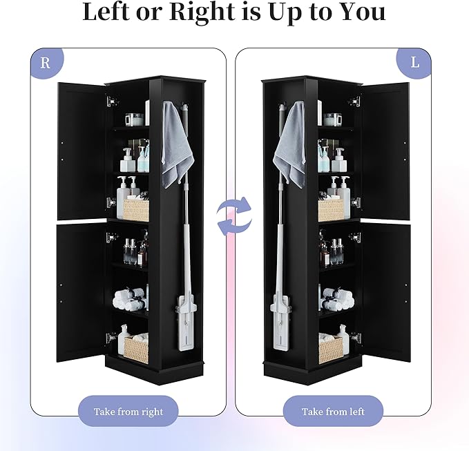 Tall Freestanding Storage Cabinet, Multi-Purpose Floor Organizer with 2 Doors, Hook and Adjustable Shelf for Bathroom, Office, Black