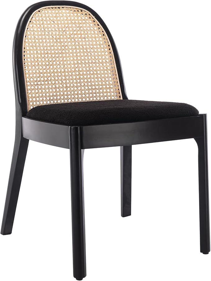 Upholstered Wooden Dining Chairs Set of 2, Farmhouse Kitchen & Dining Room Chairs with Cane Back, Accent Rattan Dining Table Chairs Sherpa Seat for Kitchen/Restaurant/Living Room, Black