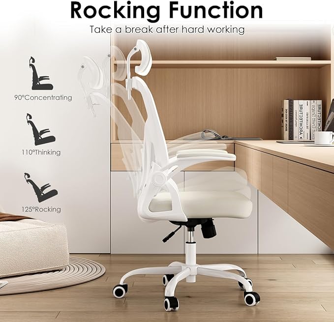 Farini Ergonomic Office Chair, Home Office Desk Chair with Headrest, High Back Computer Chair with Armrests and Adjustable Lumbar Support for Home Office Study Room, White & Beige