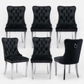 Velvet Upholstered Dining Chairs Set of 6, Modern Style Kitchen Side Chairs with Nailhead Trim and Silver Plated Leg, Metal Pulling Ring for Dining Room Living Room(Black, Set of 6)