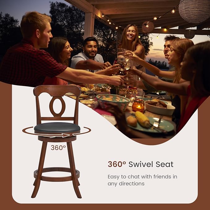 COSTWAY Bar Stools Set of 2, 24 Inch Swivel Counter Height Chairs with Ergonomic Back & Footrest, Vintage Wooden Barstool Set for Kitchen Island, Pub, Bistro, Café, Espresso (2, 24 Inch)
