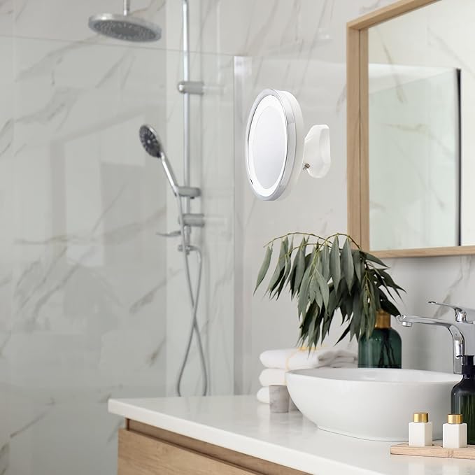 JERDON Wall Mounted White/Chrome Finish Makeup Mirror with LED Light – 5X Magnification – 9.75” Diameter –5.25” Pivot Extension – Direct Wire Only - Model HL95WL
