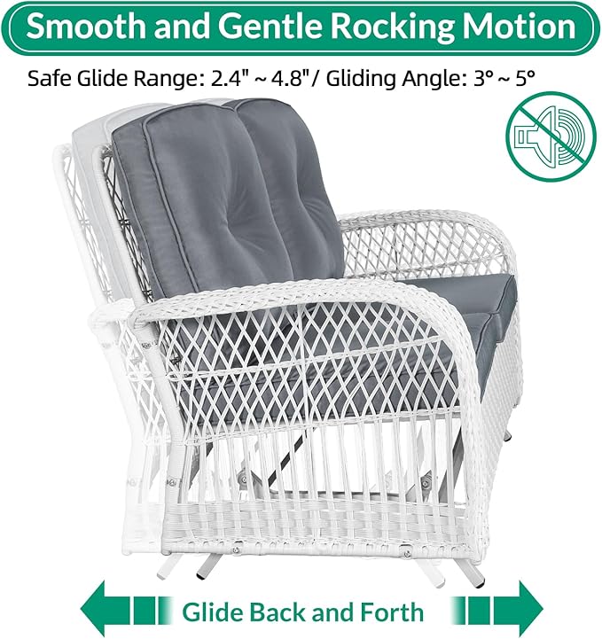 VIVIJASON 2-Piece Patio White Wicker Loveseat Glider Set Cushioned, Outdoor Conversation Furniture Sets with 2-Seater Glider Rocking Bench, Coffee Table and Cushions for Porch Garden Poolside, Grey