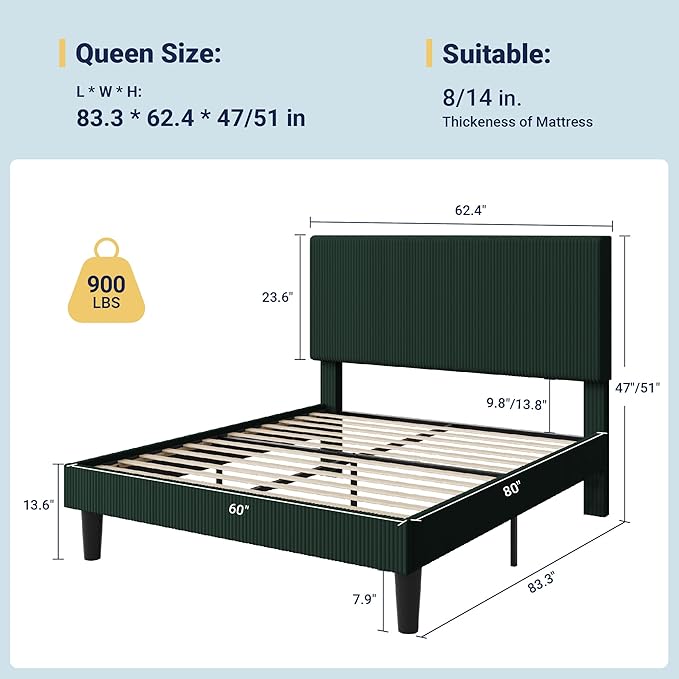 Allewie Queen Size Upholstered Bed Frame with Vertical Channel Tufted Headboard, Soft Corduroy Fabric Platform Bed, Strong Wooden Slats Support, Easy Assembly, No Box Spring Needed, Dark Green