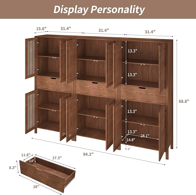 Set of 3 Rustic Brown 69" Tall Farmhouse Storage Cabinet with Drawer & Adjustable Shelves, Grille Door Organizer Unit, Anti-Tip Design for Bathroom,Kitchen,Living Room
