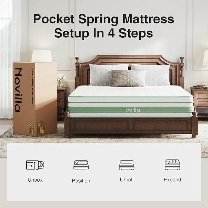 Novilla Queen Mattress 14 inch, Queen Size Hybrid Mattress in a Box with Motion Isolation,Gel Memory Foam with Pocket Springs for Support & Pressure Relief, Medium Firm Pillow Top Mattresses