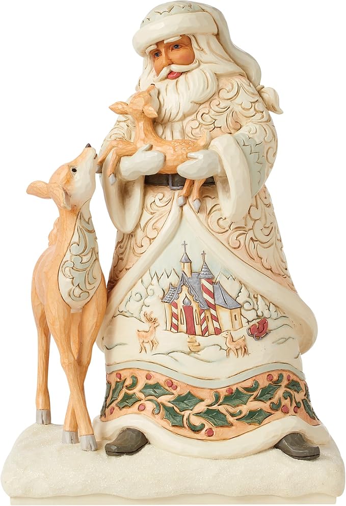Enesco Jim Shore Heartwood Creek White Woodland Santa Holding a Fawn Figurine- Stone Resin Hand Painted Crafted Collectible Santa Figurines Christmas Home Decor Statue, 10.63 Inch