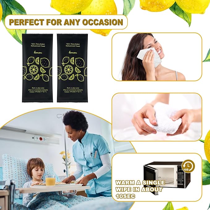 Hot or Cold Moist Cotton Towel Bulk Moist Towelettes Individually Wrapped 8.7" x 8.7",White Towel Services,Refreshment Pre Moistened Towels Lemon Scent for Travel Sport Party Spa Dentist Hote200