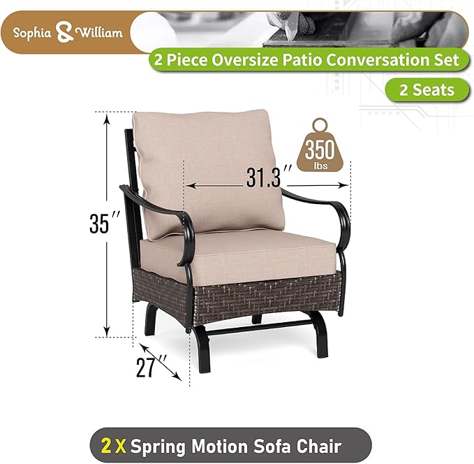 Sophia & William Extra Large Outdoor Patio Motion Sofa Chairs Set 2 PCS Heavy-Duty Metal Porch Furniture with High Back & Deep Seating Area, 5.5" Thicken Cushions for Deck, Lawn, Outside (Beige)
