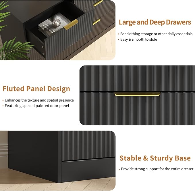 Dresser for Bedroom with 9 Drawer, 63” Long Black Dresser Modern Chest of Drawers with Metal Handle, Wood TV Stand Storage Organizer for Bedroom, Living Room, Black