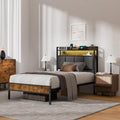 Z-hom Twin Bed Frames, Twin Bed Frame with 2-Tier Storage Upholstered Headboard, Metal Platform with USB Charging Station & LED Lights, Noise Free, No Box Spring Needed, Easy Assembly, Vintage Brown