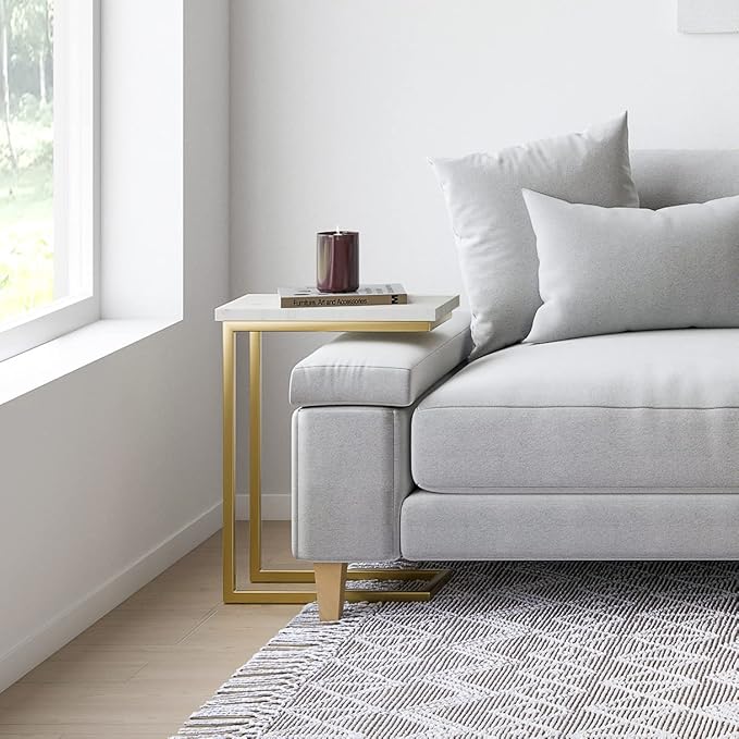 SIMPLIHOME Skyler 18-inch Wide Metal Table in White/Gold, C-Shaped Industrial-Style Side Table with Genuine Marble Top for Living Room, Bedroom, or Home Office