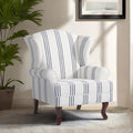 Pia Ricco Stripe High Back Floral Accent Chair, Upholstered Fabric Armchair with Solid Wood Legs - Retro Living Room Reading Chair, Comfortable Single Sofa Seat-Navy