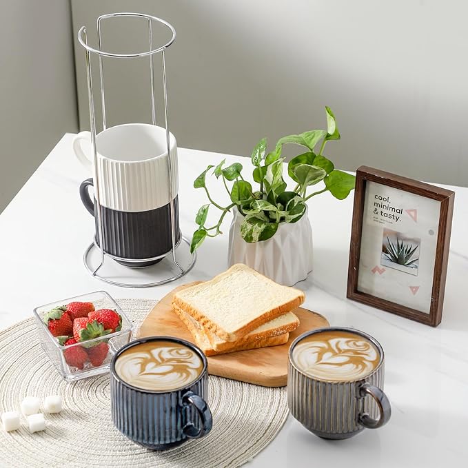 Hasense Coffee Mug Set of 4 with Holder - 15 oz Stackable Large Ceramic Ribbed Latte Cup Set for Cappuccino, Tea, Hot Cocoa, Drinks - Dishwasher & Microwave Safe Multi color