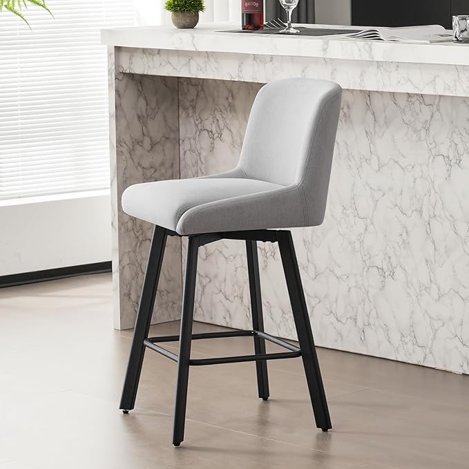 Swivel Bar Stools Set of 3, 26''H Upholstered Barstools with Backs, Modern Counter Height Bar Stool Chairs for Kitchen Island, Metal Legs, Light Gray Fabric Counter Stools