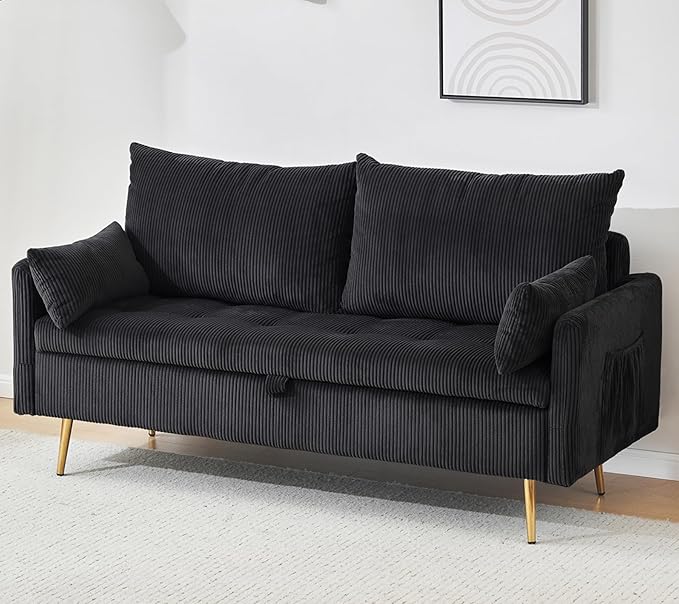 Furnimart 2-Seater Storage Loveseat for Small Spaces, 62“ Corduroy Couch with Removable Cushion Cover and Metal Leg for Bedroom, Apartment, Tiny Homes and Lofts, Black