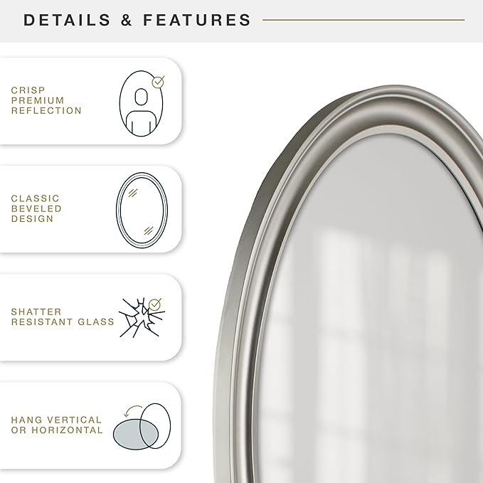 MCS 21x31 Large Wall Mirror, Classic Nickel Oval Mirror, Vertical & Horizontal Wall Hanging Mirror for Bathroom, Bedroom & Livingroom