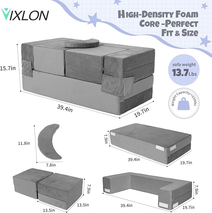 5 Pcs Modular Kids Play Couch, Toddler Couches That Fold Out, Plush Foam Chair for Children’s Playroom, Velvet Fabric Convertible Foam and Floor Cushion for Boys and Girls (Dark Gray,02)