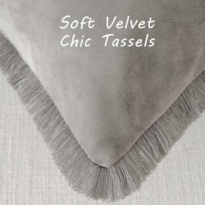FUTEI Grey Velvet Decorative Throw Pillow Covers 20x20 Set of 2,Soft Cozy Edge with Tassels Cushion Case,Boho Modern Home Decor for Couch Bed Living Room