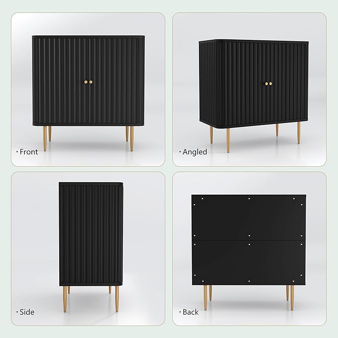 HLR Sideboard Buffet Cabinet with Fluted Texture, Black Accent Cabinet with 2 Doors, Modern Credenza Storage for Kitchen Living Room, Entryway (Black, 1Piece)