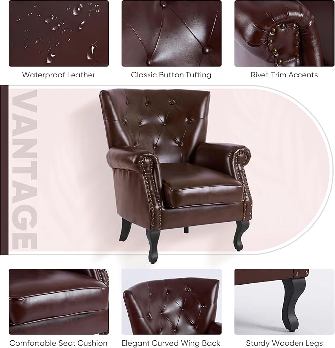 MOJAY PU Leather Accent Chair, Mid-Century Modern Armchair Living Room Club Chair with Tufted Button & Rivet Trim, Upholstered Sofa Chair with Sturdy Wood Legs for Bedroom (Reddish Brown)
