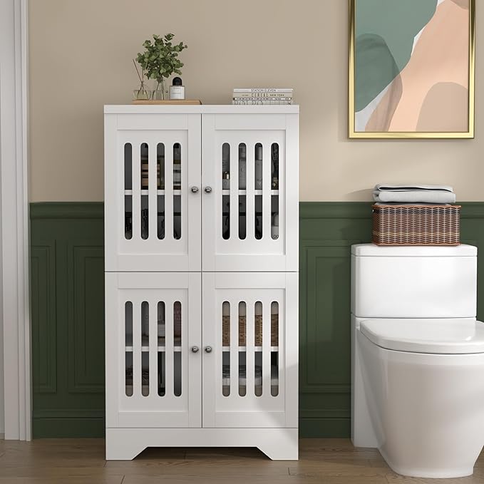 PARTPHONER Bathroom Floor Storage Cabinet with Cabinet Lights, Modern Storage Cabinet with 4 Doors and Adjustable Shelves, Buffer Hinges, White Pantry Cabinet for Living Room & Kitchen
