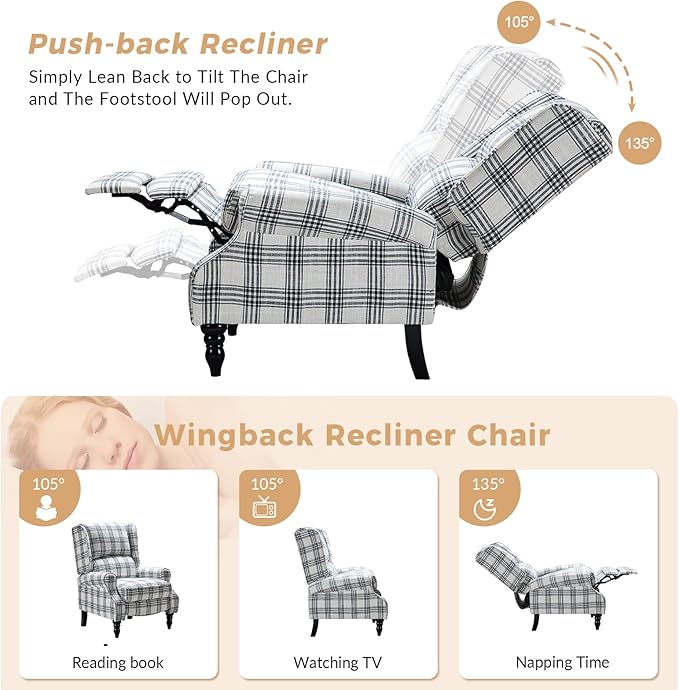 HULALA HOME Upholstered Wingback Recliner Chair, Small Adjustable Footrest Push Back Single Reclining Sofa, Mid Century Modern Lounge Armchair for Living Room, Bedroom, Reading/Plaid Black